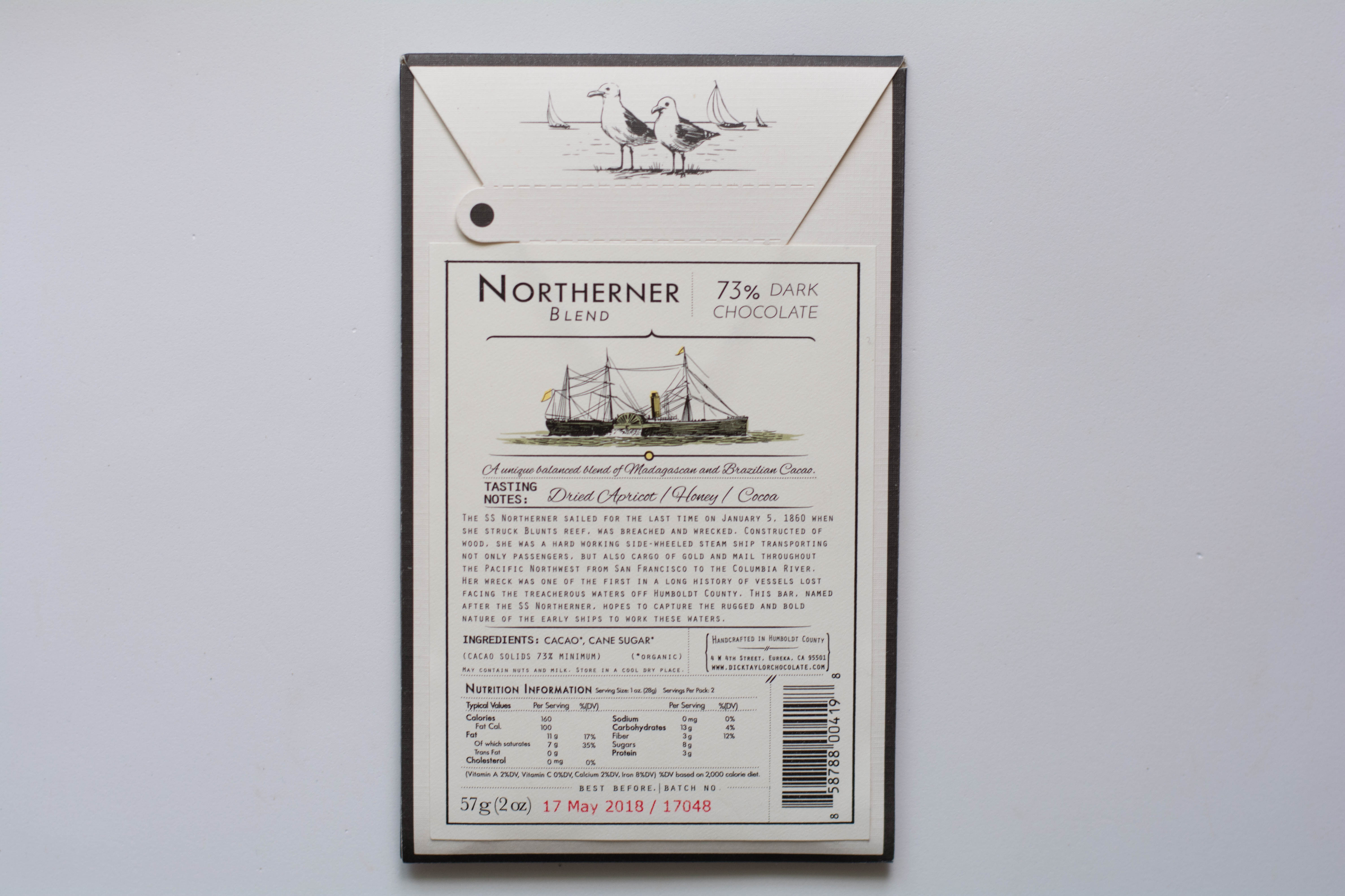 Dick Taylor Northerner Blend Chocolate Bar (Back of Wrapper)