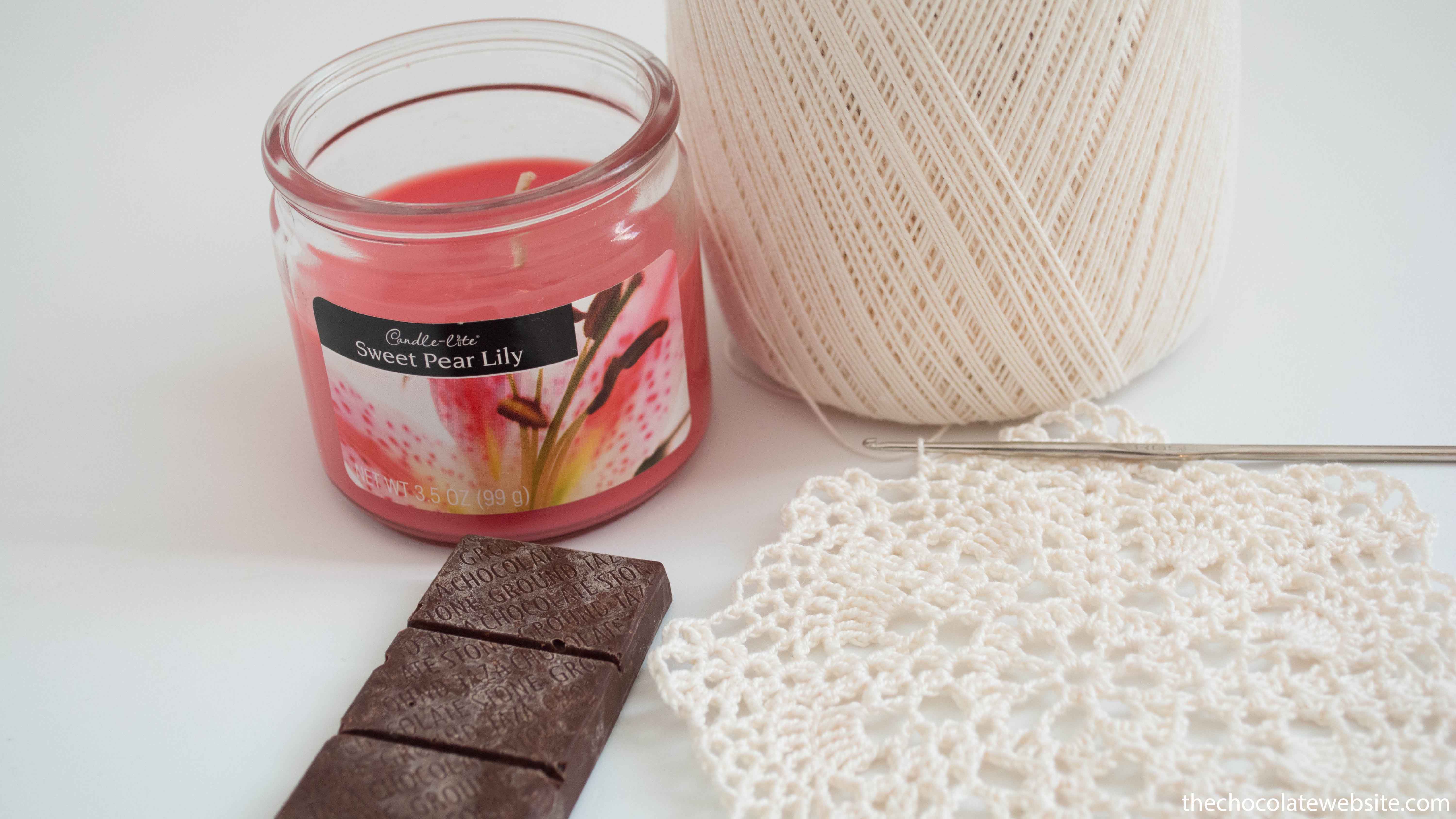 Something Witty Goes Here Photo - Taza Chocolate with Crocheted Doily & Candle